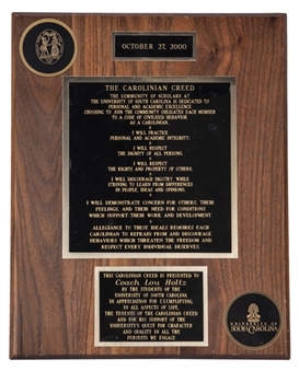 2000 The Carolinian Creed Plaque Presented to Coach Lou Holtz (Holtz LOA)